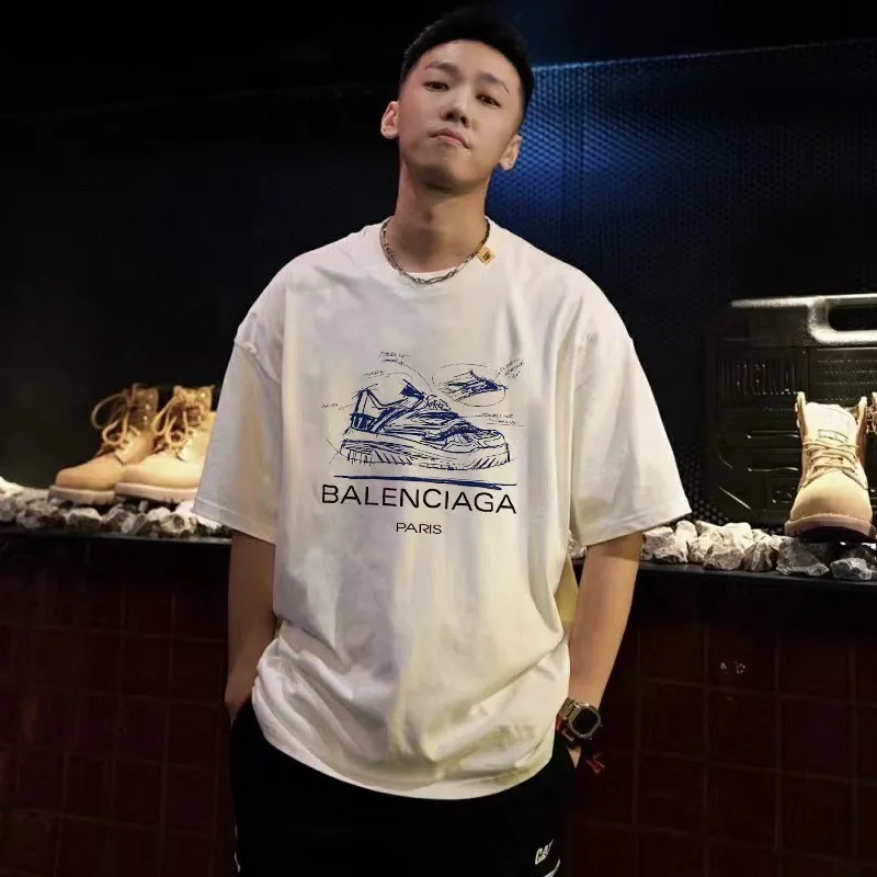 P80✨🔥 BALENCIAGA Paris lettering printed short-sleeved T-shirt, custom-woven and dyed 280g combed cotton heavyweight fabric, zero color difference in thread, perfect details, different from the current version on the market, welcome to compare, Same Style for men and women, must-sell in the picture above Color: White Black Size: 1 2 3 4